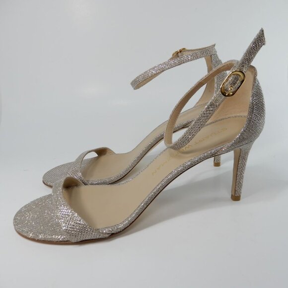 STUART WEITZMAN Nudist Heels Ankle Strap SANDALS Sz 9.5 Poudre Metallic NEW $525 - Picture 8 of 15